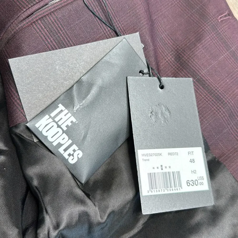 NWT THE KOOPLES Men’s Burgundy Checked Wool 2 Button Blazer Suit Jacket